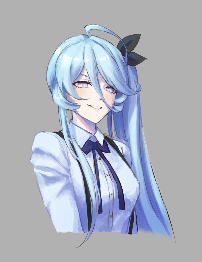 1girl, ahoge, artist_name, black_bow, blue_bow, blue_bowtie, blue_hair, bow