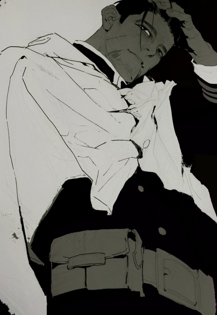 1boy, arm_up, belt, belt_buckle, belt_pouch, buckle, buttons, cape, cowboy_shot, facial_hair, galeblack, golden_kamuy, greyscale, hair_slicked_back, hand_in_own_hair, highres, layered_sleeves, light_smile, long_sleeves, looking_to_the_side, male_focus, monochrome, ogata_hyakunosuke, parted_lips, pouch, scar, scar_on_cheek, scar_on_face, short_hair, short_sideburns, sideways_glance, solo, teeth