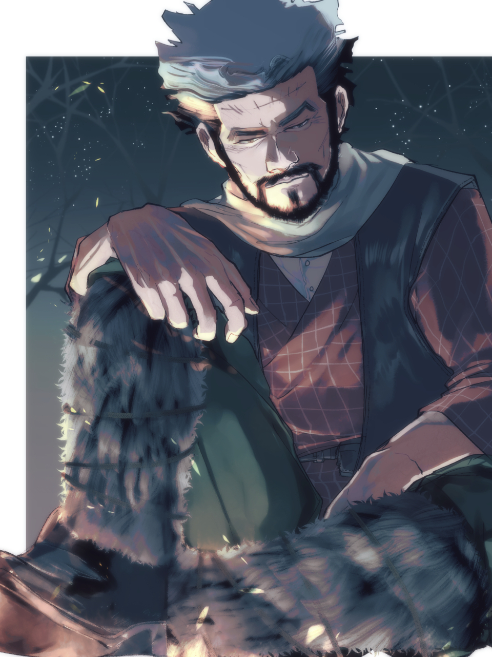 1boy, anko_(mwnwm), beard, black_hair, boots, facial_hair, fur_boots, golden_kamuy