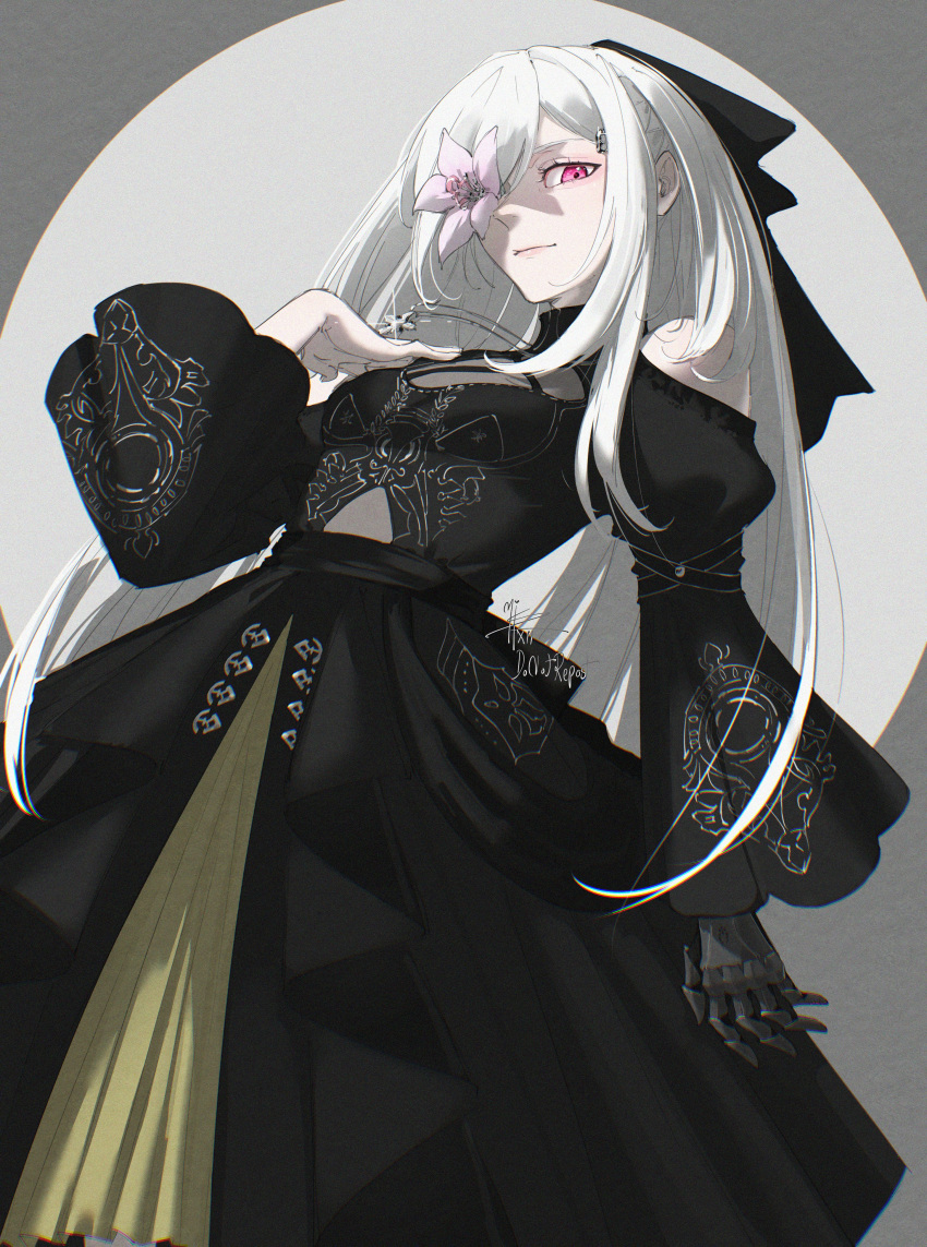 1girl, absurdres, black_dress, closed_mouth, dress, flower, flower_over_eye, grey_background