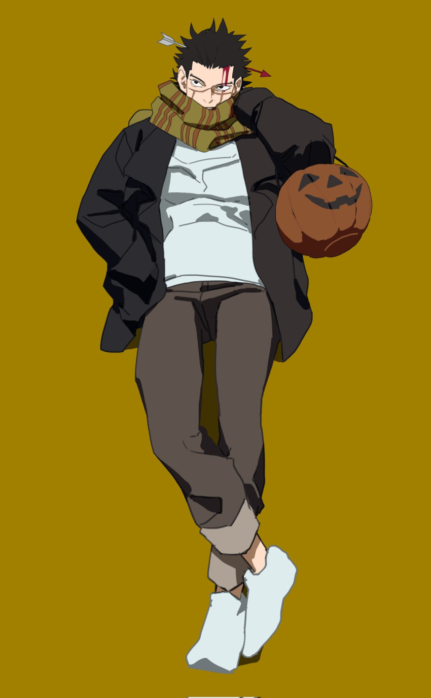 1boy, arm_up, black_coat, blood, blood_on_face, coat, crossed_legs, fake_arrow_headband