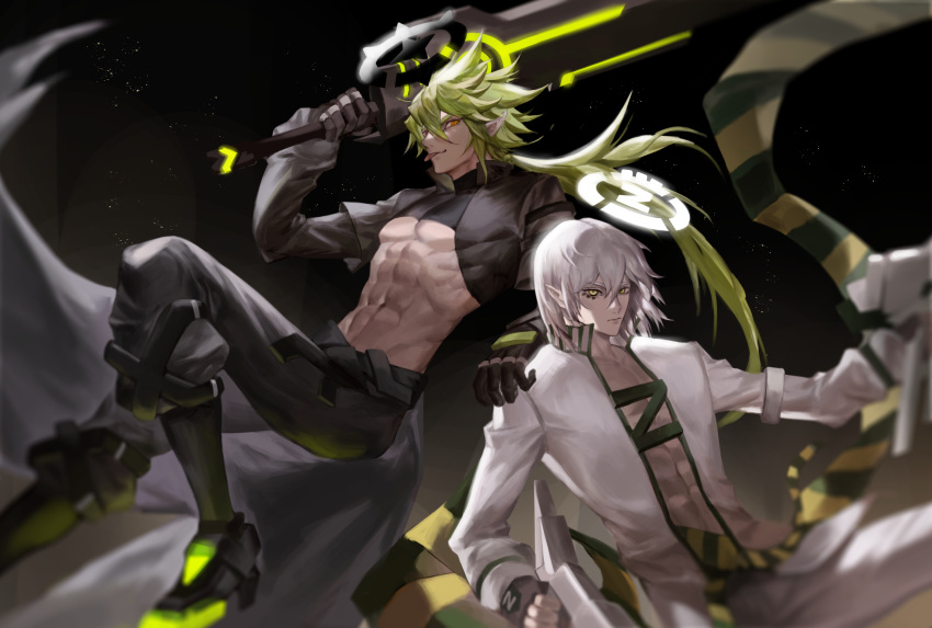 2boys, abs, aotu_world, backlighting, belt, black_background, black_belt, black_boots
