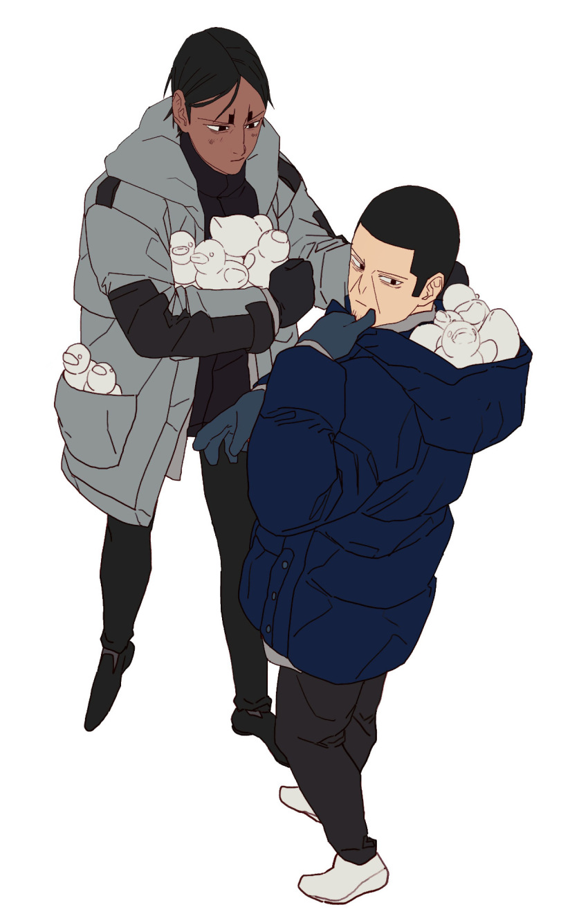 2boys, arm_up, black_gloves, black_hair, black_pants, black_shoes, blue_coat, blue_gloves
