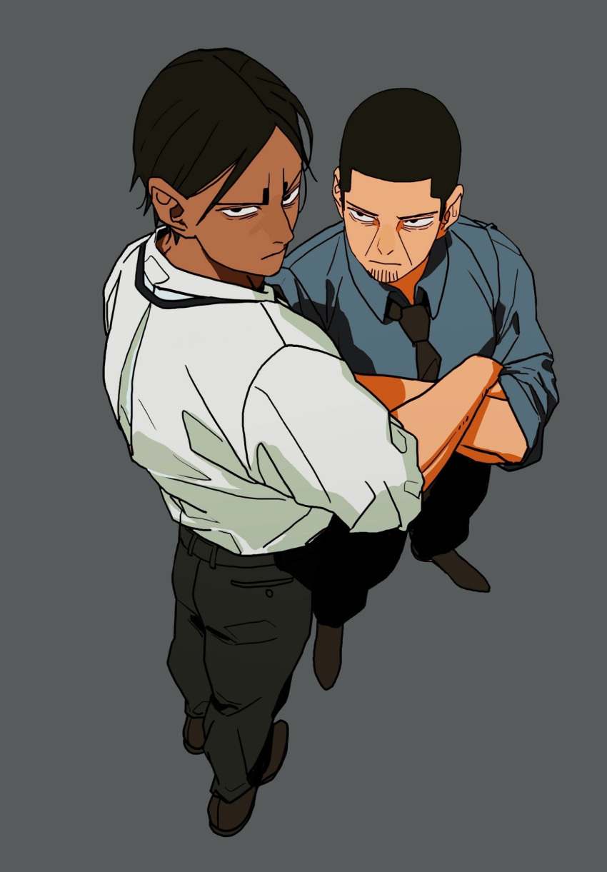 2boys, black_eyes, black_necktie, black_pants, black_shoes, blue_shirt, buzz_cut, closed_mouth