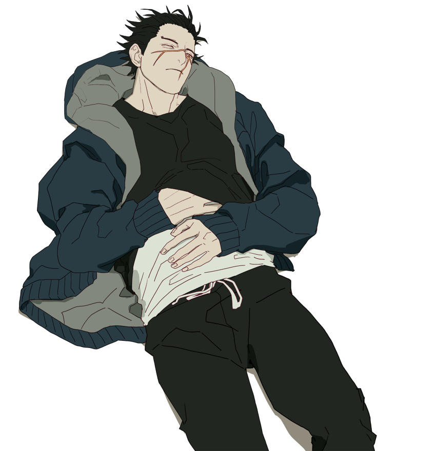 1boy, black_hair, black_pants, black_shirt, closed_eyes, closed_mouth, clothes_lift, feet_out_of_frame