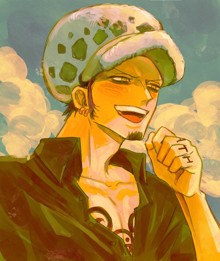arm_up, bare_pectorals, black_hair, black_shirt, blush, chest_tattoo, clouds, collarbone