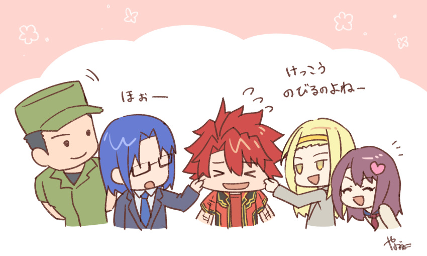 >_<, 2girls, 3boys, aizawa_tsukasa, asagaki_toogo, banjouji_nagare, black_hair, blonde_hair