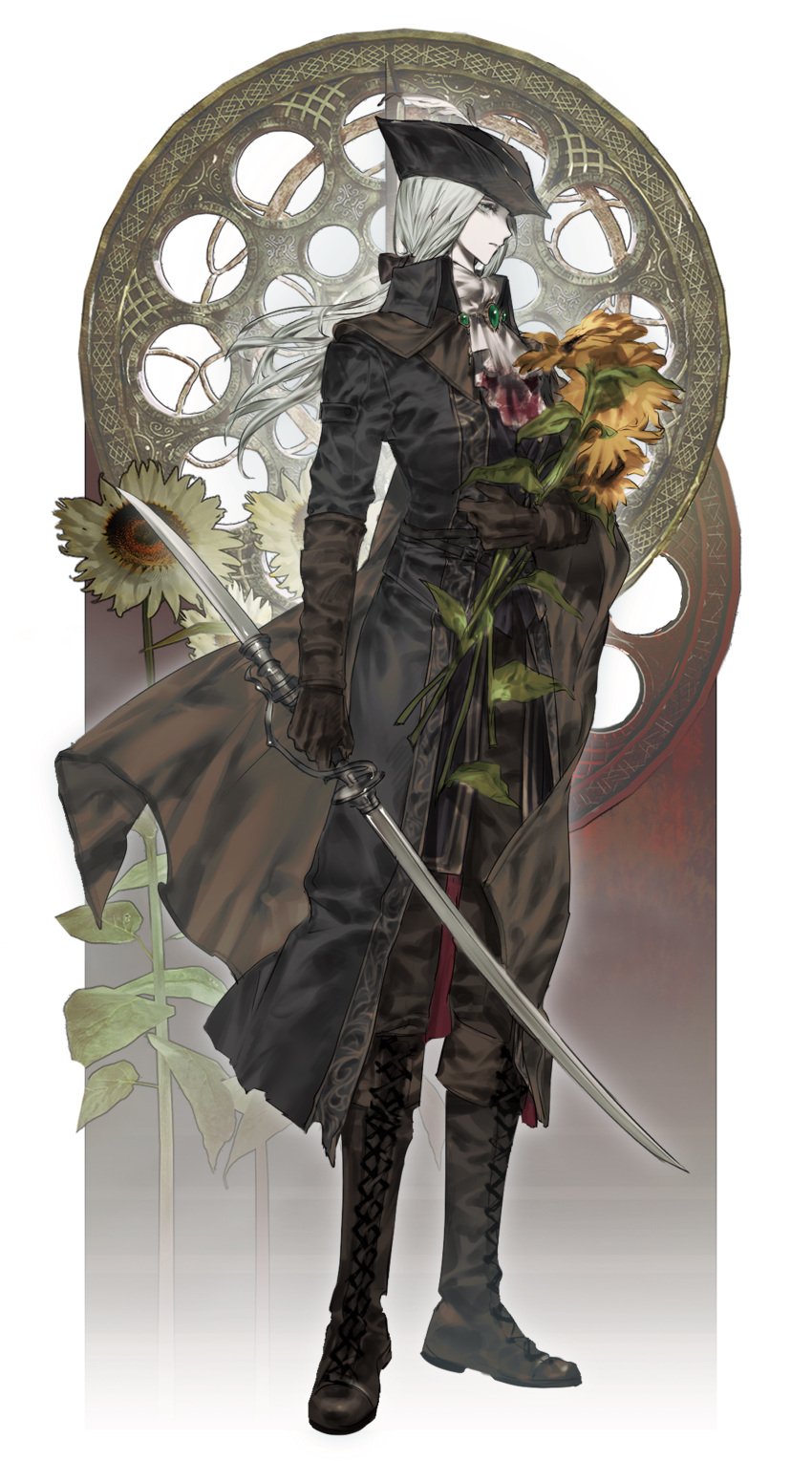 1girl, absurdres, ascot, black_boots, black_cloak, black_gloves, black_hat, black_pants, blood, blood_on_clothes, bloodborne, boots, brooch, cloak, closed_mouth, commentary, english_commentary, fhillia_lili, floating_hair, flower, full_body, gloves, grey_hair, hat, highres, holding, holding_flower, holding_weapon, jewelry, lady_maria_of_the_astral_clocktower, long_hair, long_sleeves, pale_skin, pants, ponytail, profile, solo, sunflower, weapon, white_ascot