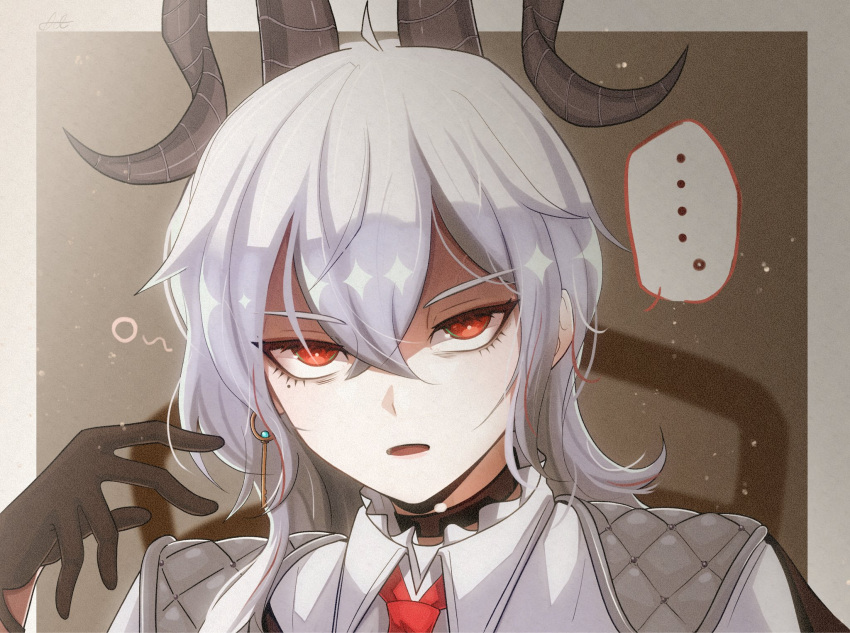 ..., 1girl, act_(act_1113), black_choker, black_gloves, black_horns, choker, collared_shirt, commentary_request, curled_horns, earrings, gloves, hair_between_eyes, highres, horns, jewelry, key_earrings, looking_at_viewer, necktie, parted_lips, portrait, red_eyes, red_necktie, shirt, solo, spoken_ellipsis, white_shirt, wuthering_waves, zani_(wuthering_waves)