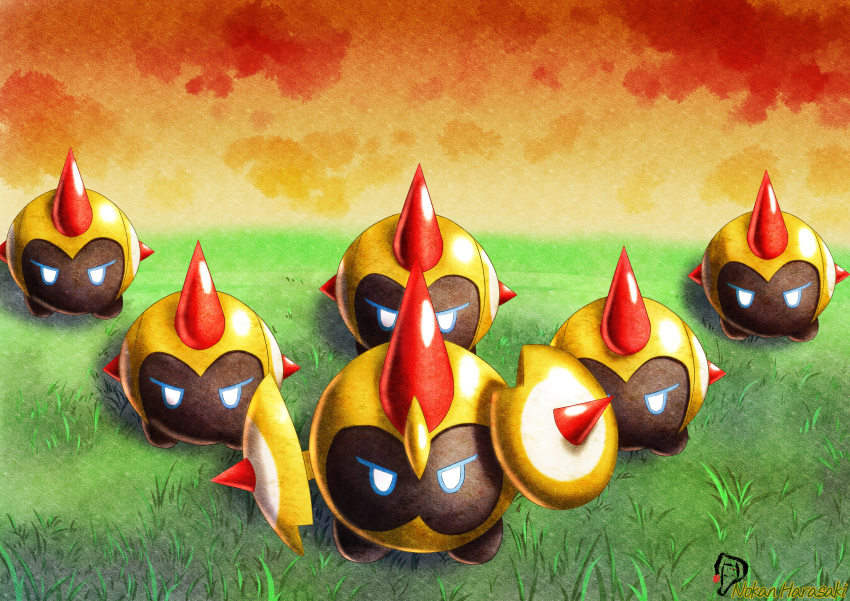 absurdres, blue_eyes, colored_skin, falinks, highres, horns, m_bienkei, no_humans, orange_skin, pokemon, pokemon_(creature), pokemon_focus, single_horn, sphere_body, spikes, v-shaped_eyes
