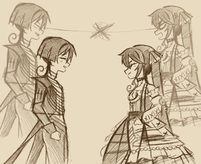 1boy, 1girl, alternate_costume, arm_at_side, blank_eyes, blunt_ends, bow, choker