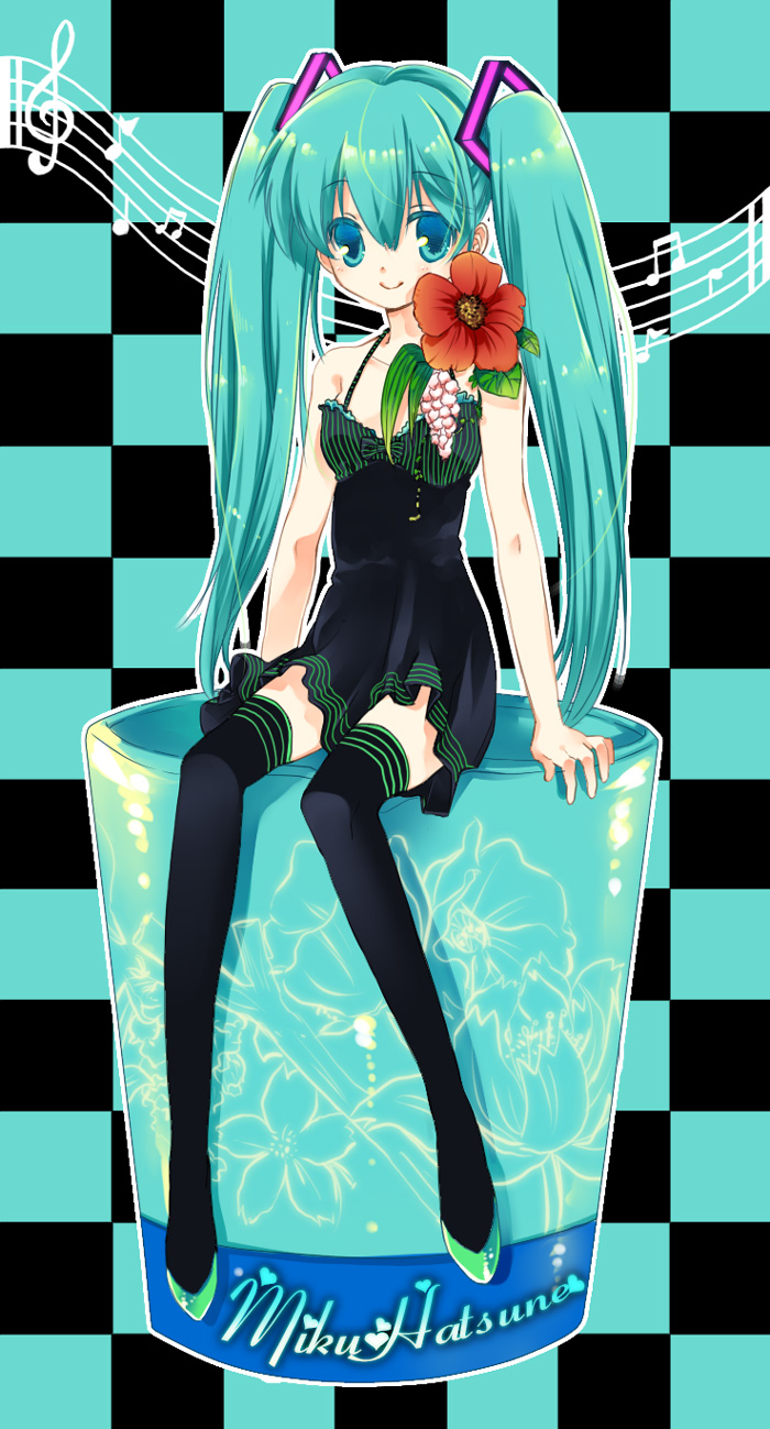 aqua_hair, blue_eyes, dameaki, dress, flower, hatsune_miku, highres, legs