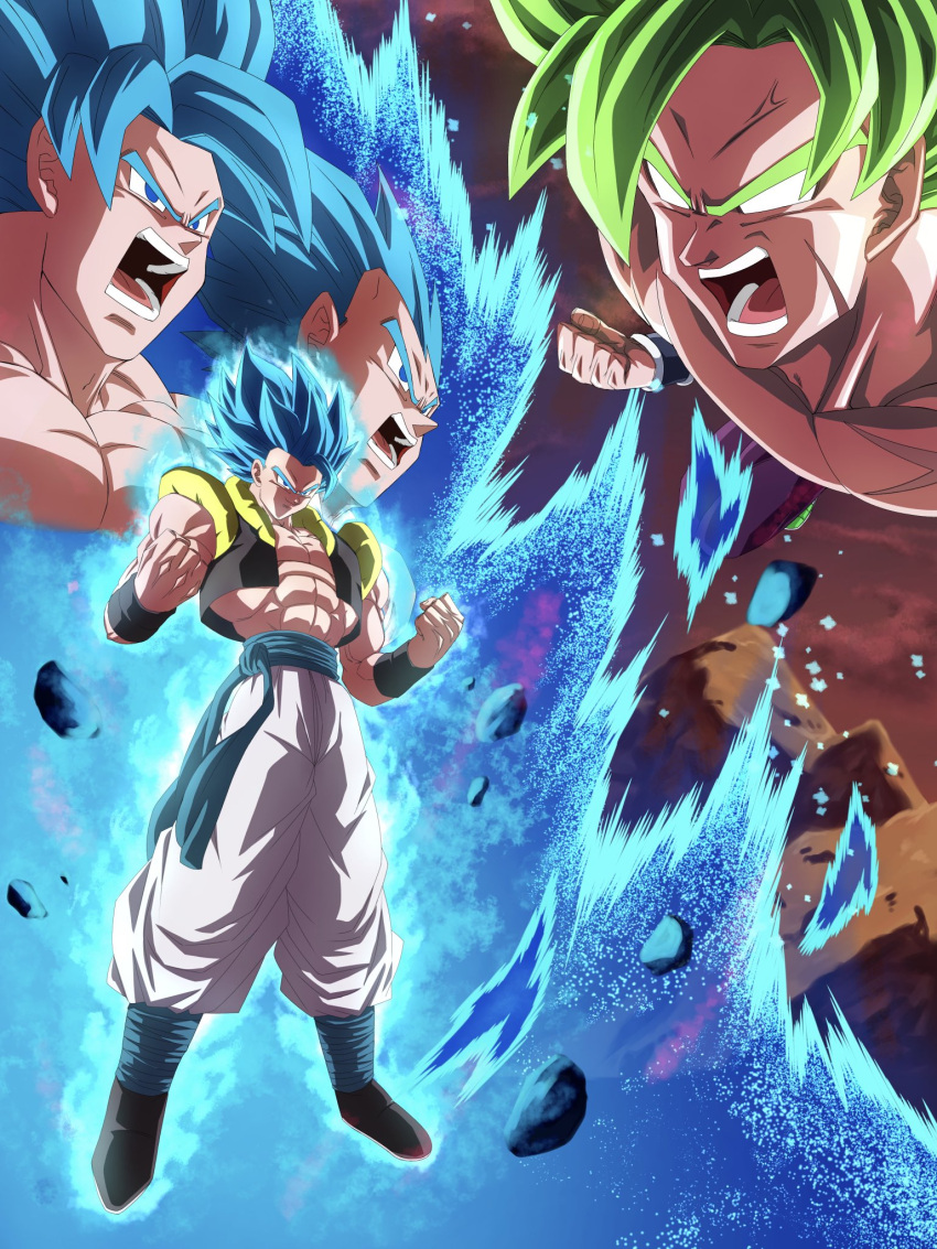 4boys, abs, aura, bare_shoulders, black_vest, blue_eyes, blue_hair, blue_sash