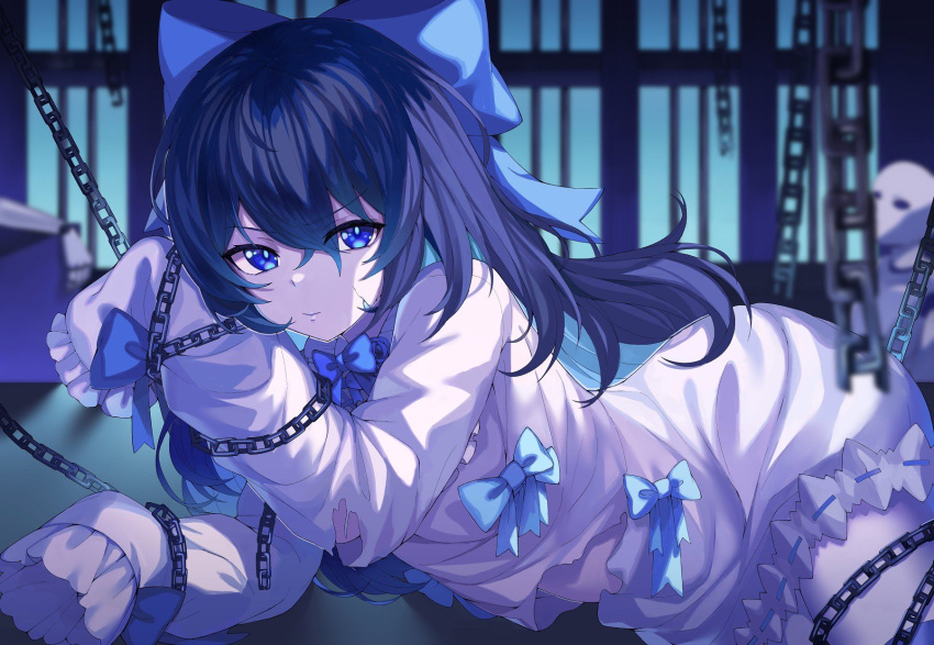 1girl, artist_request, blue_eyes, blue_hair, bound, bow, chain, dress, expressionless, hair_between_eyes, hair_bow, highres, little_witch_nobeta, long_hair, looking_at_viewer, official_art, sleeves_past_fingers, sleeves_past_wrists, solo, tania_(little_witch_nobeta), torn_clothes, torn_dress, white_dress