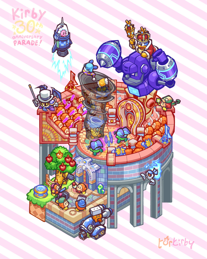alternate_color, alternate_costume, anniversary, artist_name, assistant_waddle_dee, backwards_hat, beam_kirby, blue_hat, bow, bowtie, camera, camera_waddle_dee, cane, character_name, closed_mouth, coat, colosseum, copy_ability, copyright_name, crowd, crown, floating, gem, ghost_(kirby_battle_royale), glowstick, green_hat, hat, headphones, highres, holding, holding_camera, holding_cane, holding_glowstick, holding_microphone, holding_notepad, holding_scepter, ice_kirby, king_dedede, kirby, kirby:_battle_royale, kirby_(series), knuckle_joe, meta_knight, microphone, microphone_waddle_dee, notepad, one-eyed, open_clothes, open_coat, open_mouth, polka_dot_hat, purple_hat, red_bow, red_bowtie, red_coat, reporter_waddle_dee, riding, robo_bonkers, robot, rocket, scepter, sleep_kirby, smile, striped_background, top_hat, torkirby, tornado, tornado_kirby, tree, two-tone_background, umbrella, waddle_dee, waddle_doo, whispy_woods, white_hat, white_mask, wings