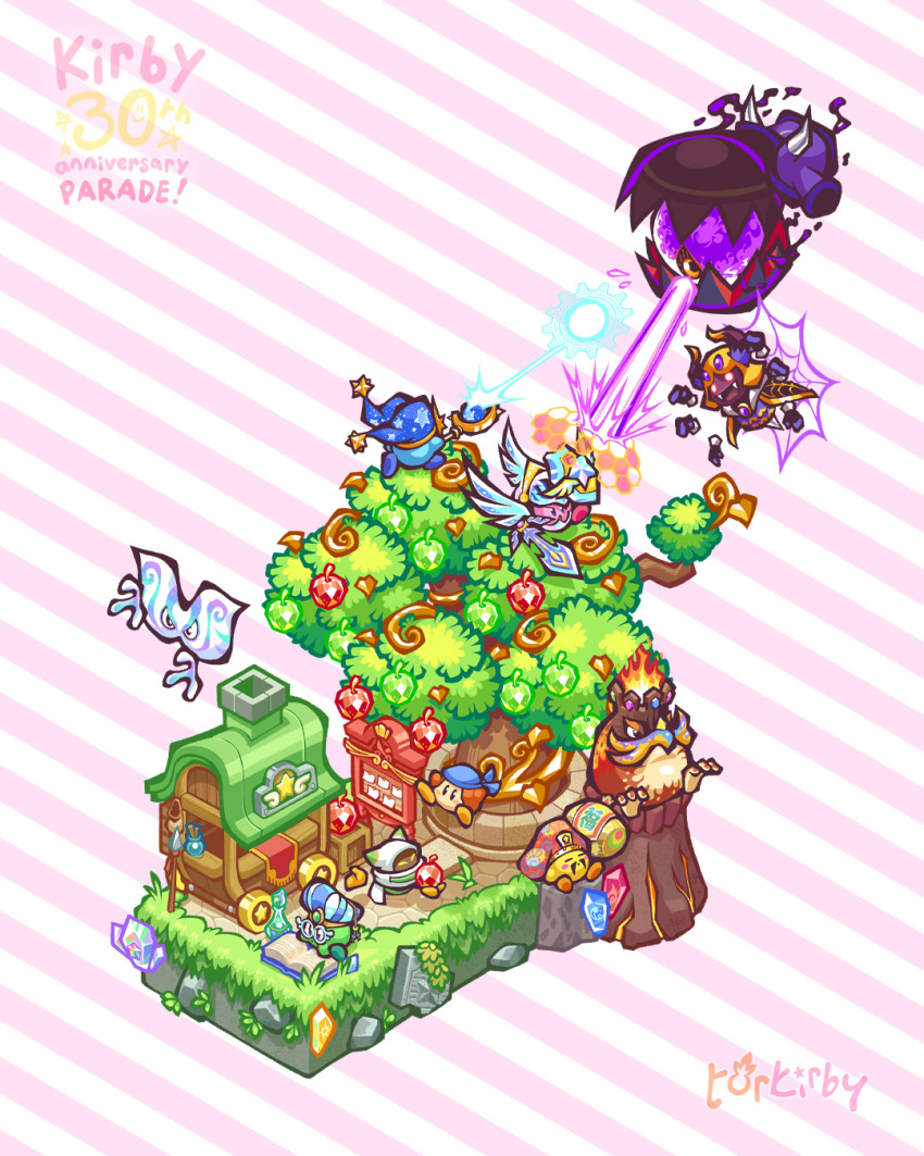 anniversary, artist_name, bandana, bandana_waddle_dee, beam_mage, blue_bandana, blue_hat, bulletin_board, character_name, copyright_name, dark_taranza, doctor_healmore, energy_beam, fangs, fire, floating, from_behind, gem, gem_apple, hammer_lord, hat, highres, holding, holding_shield, holding_sword, holding_weapon, horns, king_d-mind, kirby, kirby_(series), magolor, one-eyed, open_mouth, polearm, pyribbit, rayman_limbs, shield, sitting, smile, spear, star_(symbol), striped_background, sword, sword_hero, team_kirby_clash_deluxe, telepathos, torkirby, tree, two-tone_background, v-shaped_eyes, weapon