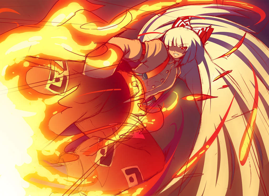 1girl, bow, burning, fire, flaming_leg, flying_kick, fujiwara_no_mokou, hair_bow, hair_over_one_eye, hair_ribbon, hands_in_pockets, kicking, long_hair, long_sleeves, ofuda, ofuda_on_clothes, pants, raion-san, red_eyes, red_pants, ribbon, shirt, solo, suspenders, touhou, unfinished, very_long_hair, white_bow, white_hair, white_shirt
