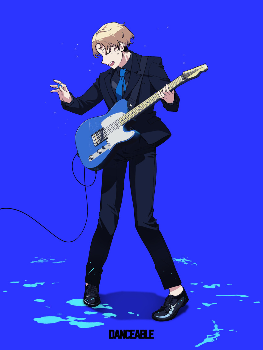 1boy, absurdres, album_cover_redraw, audio_cable, black_jacket, black_pants, black_shirt, black_shoes