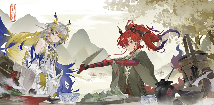 1boy, 1girl, absurdres, arknights, artist_name, bamboo_steamer, bare_shoulders, blonde_hair