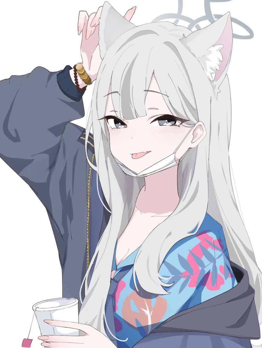 1girl, animal_ears, blue_archive, blue_shirt, cat_ears, chapoke, floral_print_shirt, grey_eyes