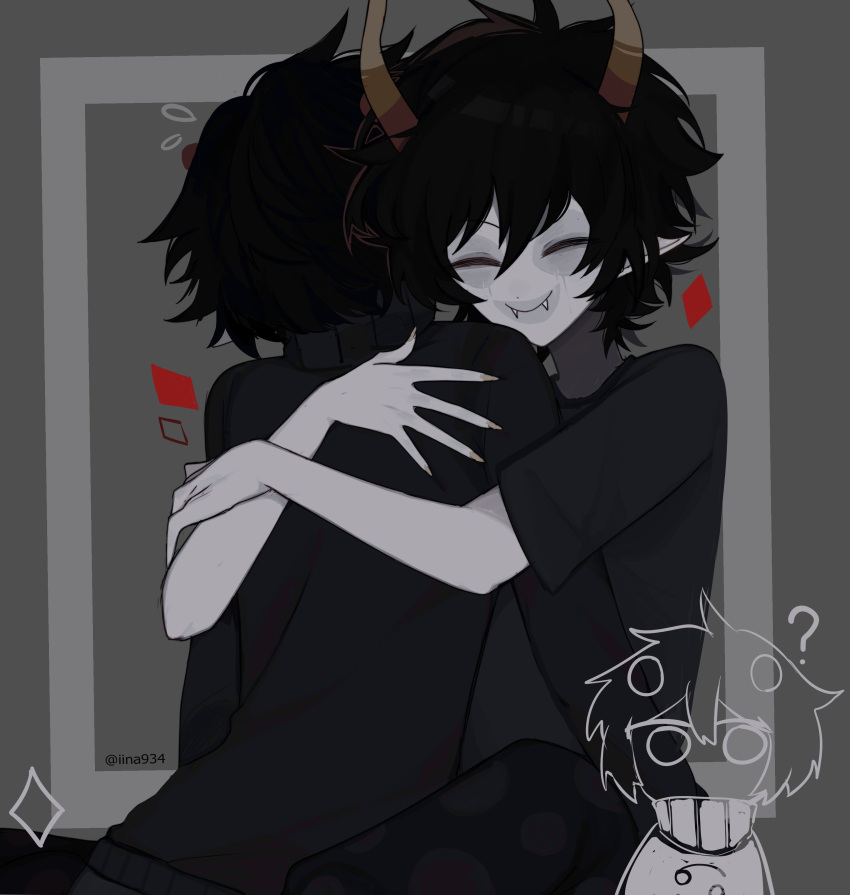2boys, ?, absurdres, alien, bad_id, bad_twitter_id, black_hair, black_pants