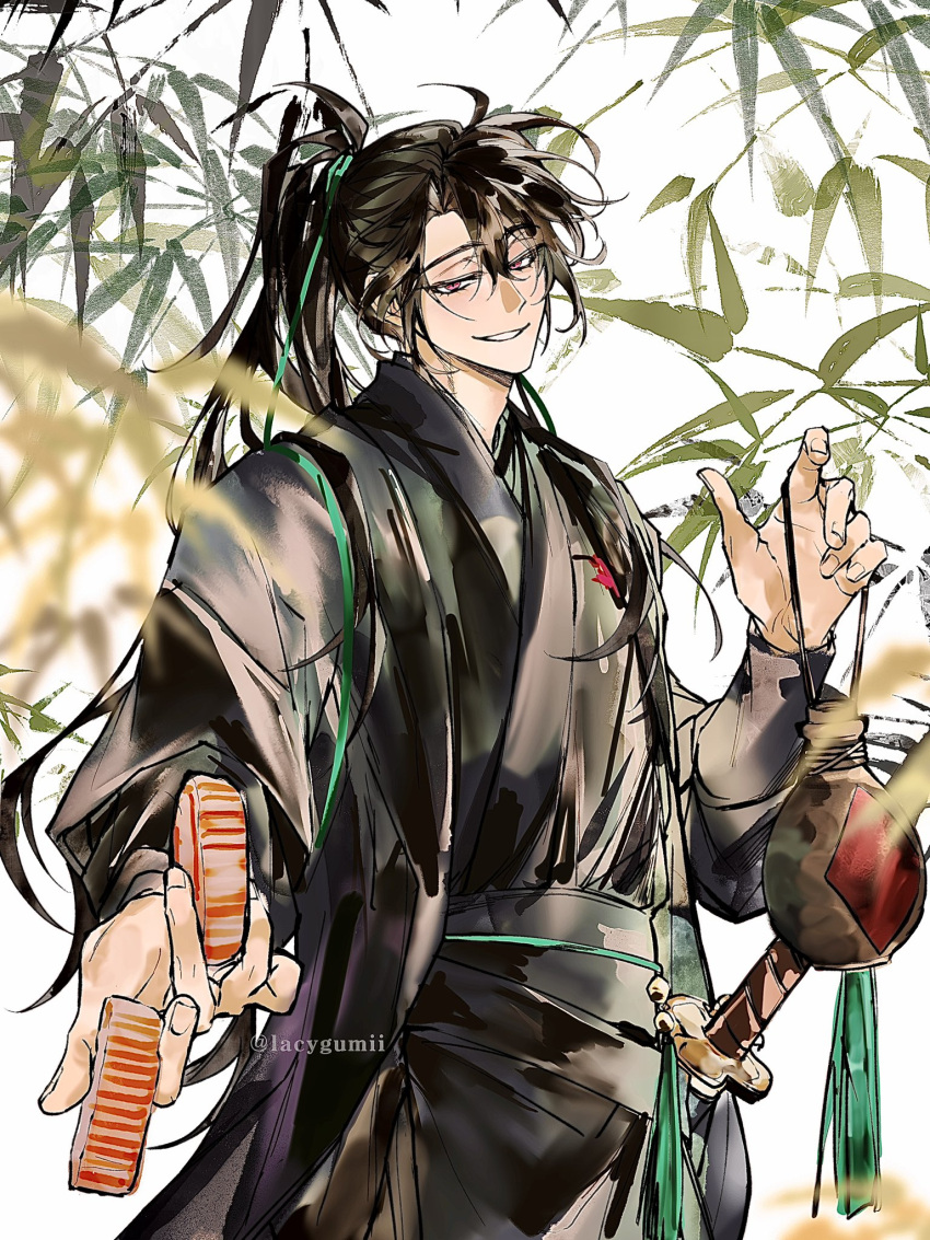 1boy, bamboo, black_hair, black_hanfu, black_sash, blurry, blurry_foreground, cheongmyeong_(return_of_the_mount_hua_sect)