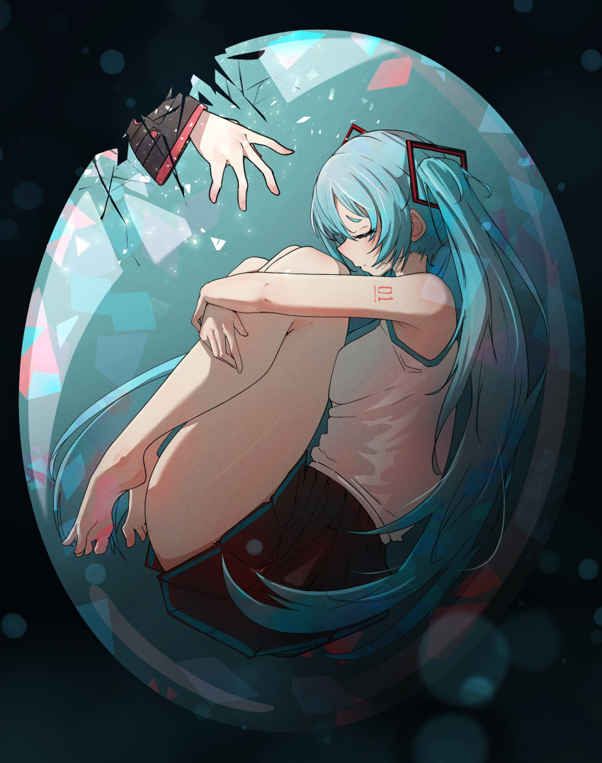 2girls, absurdres, barefoot, black_background, black_skirt, black_sleeves, blue_background, blue_hair, blue_necktie, closed_eyes, closed_mouth, fetal_position, hair_between_eyes, hatsune_miku, highres, hubertus_101, hugging_own_legs, kasane_teto, kasane_teto_(utau), long_hair, miniskirt, multiple_girls, necktie, number_tattoo, offering_hand_to_another, red_tattoo, shirt, shoulder_tattoo, skirt, sleeveless, sleeveless_shirt, tattoo, twintails, very_long_hair, vocaloid
