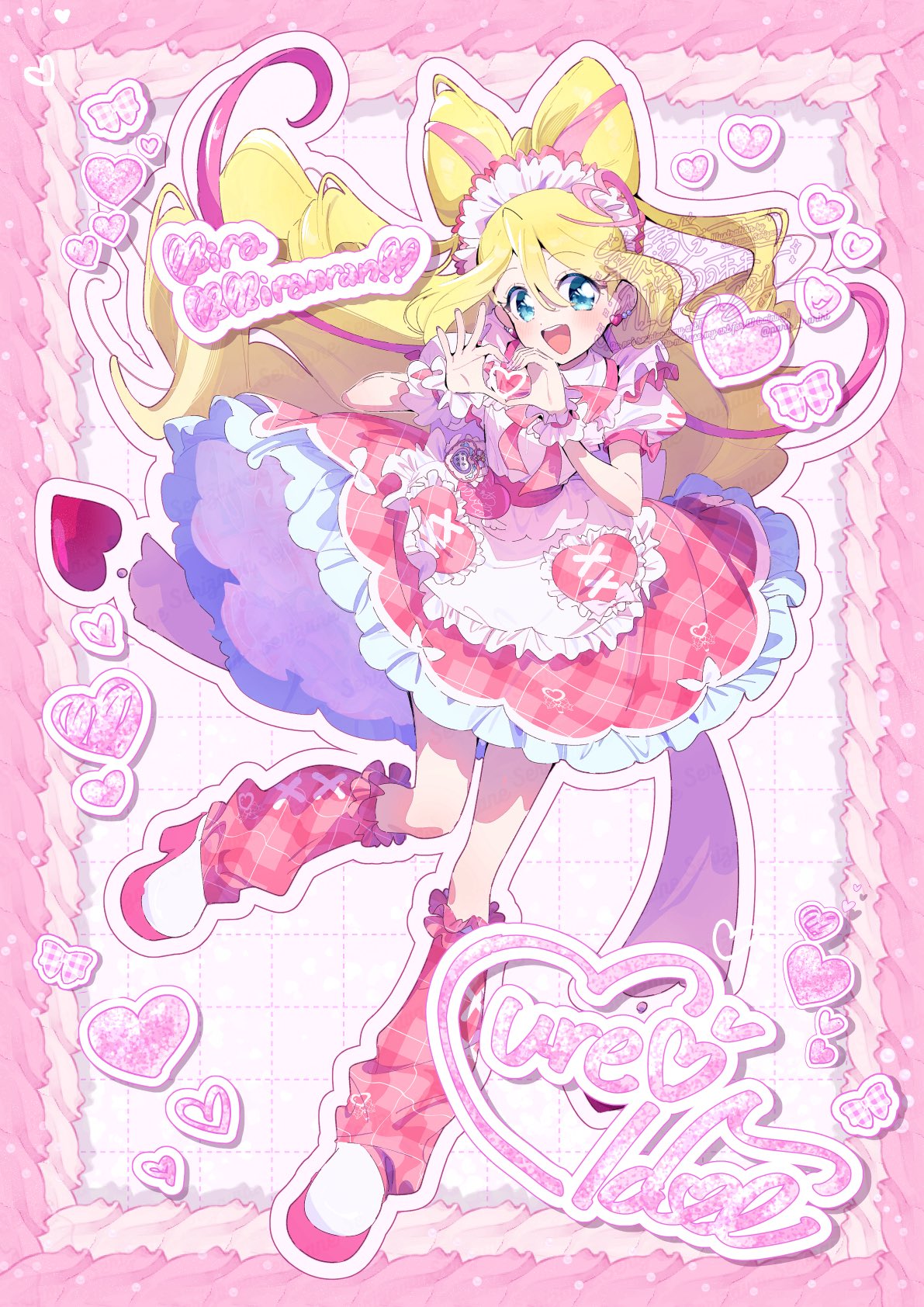 1girl, adapted_costume, alternate_costume, apron, blonde_hair, blue_eyes, boots, border