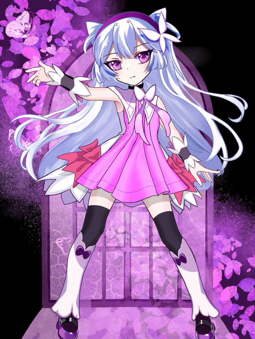 1girl, absurdres, black_thighhighs, boots, butterfly_hair_ornament, child, cone_hair_bun, dress