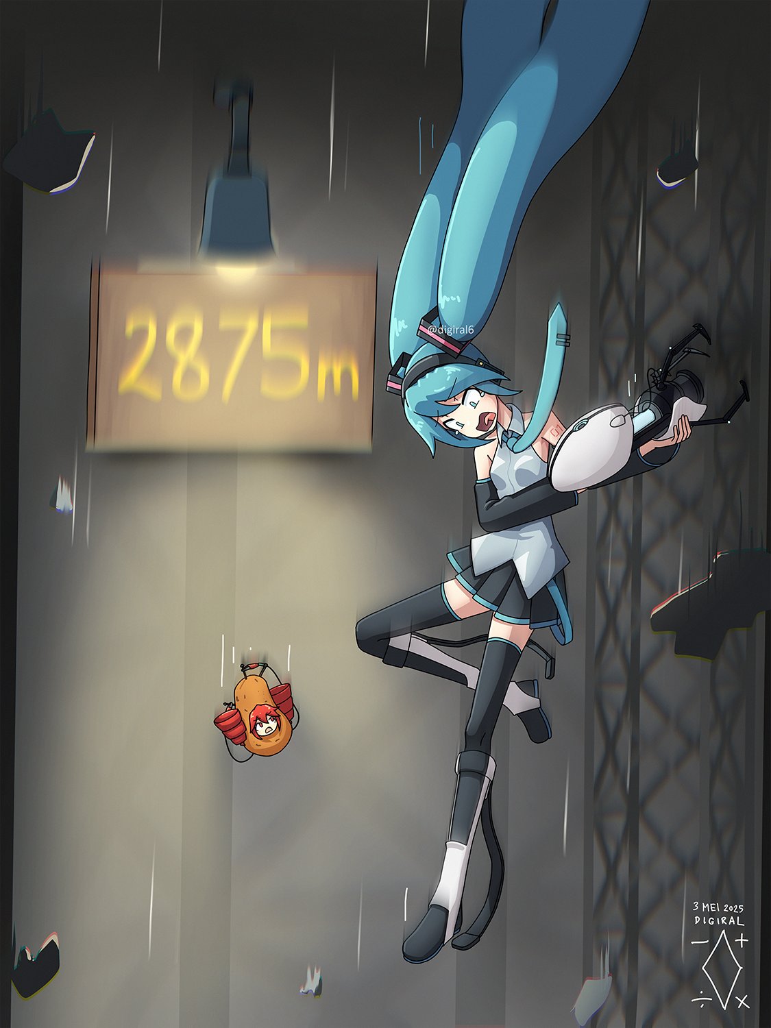 2girls, aperture_science_handheld_portal_device, aqua_eyes, aqua_hair, aqua_necktie, artist_logo, artist_name, black_boots