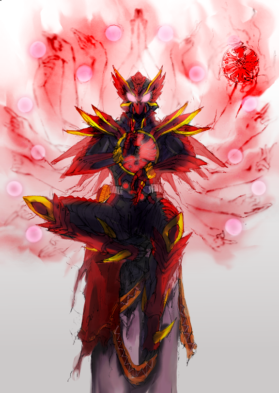 glowing_eyes, kamen_rider, kamen_rider_ooo, kamen_rider_ooo_(series), multiple_hands, nakano_haito, red, tajador_(ooo_combo)