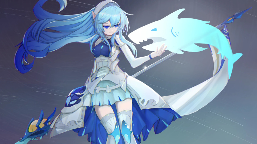 1girl, armor, blue_eyes, blue_hair, chaojichu_dewutou, dress, duel_monster, fish, haifuyoete_(roco_kingdom), hairband, highres, holding, holding_polearm, holding_weapon, lance, long_hair, pointy_ears, polearm, roco_kingdom, skirt, solo, tail, thigh-highs, weapon