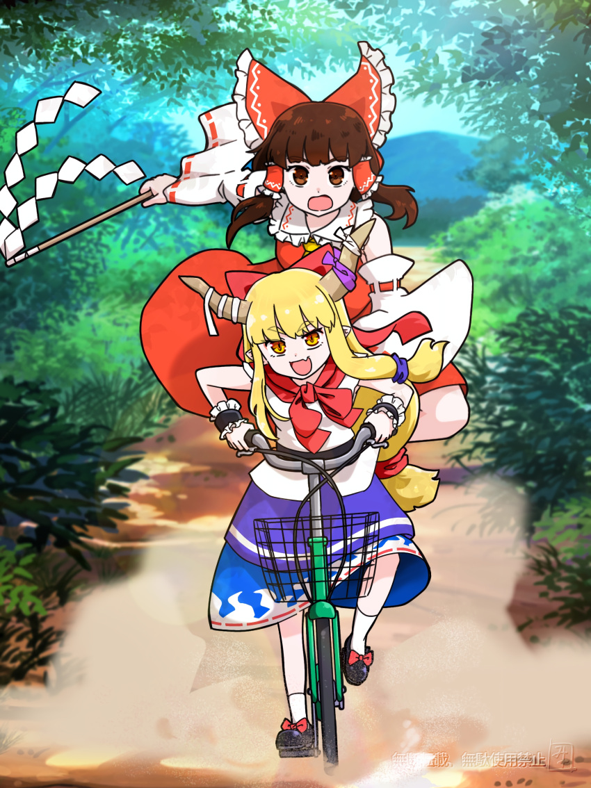 2girls, absurdres, ascot, bicycle, blonde_hair, bow, brown_eyes, brown_hair