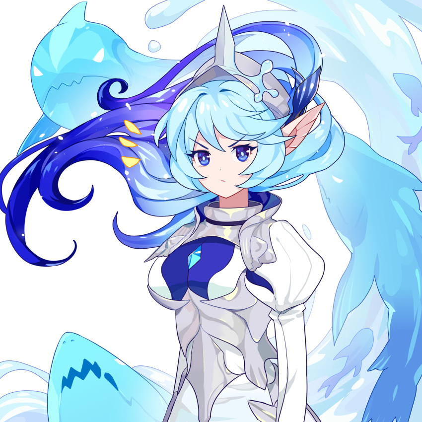 1girl, armor, blue_eyes, blue_hair, breasts, closed_mouth, dianliu_yanhua, dress