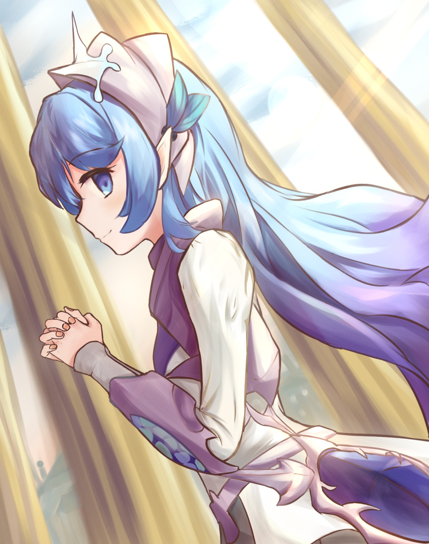1girl, blue_eyes, blue_hair, dress, duel_monster, from_side, gradient_hair, haifuyoete_(roco_kingdom)