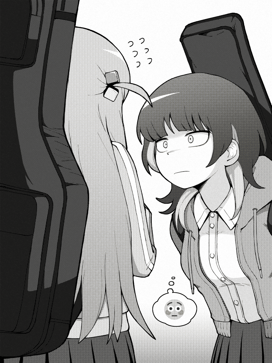 2girls, blunt_bangs, bocchi_the_rock!, chib0b, closed_mouth, collared_shirt, crossover, cube_hair_ornament