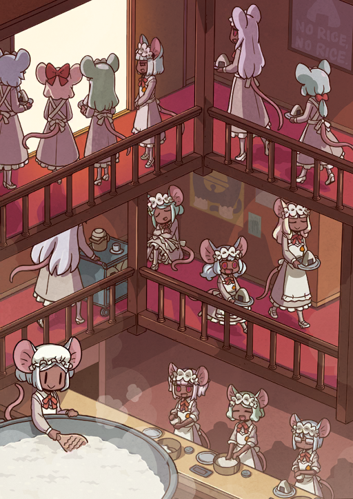 6+girls, animal_ears, apron, aqua_hair, back_bow, blue_hair, bob_cut, bow