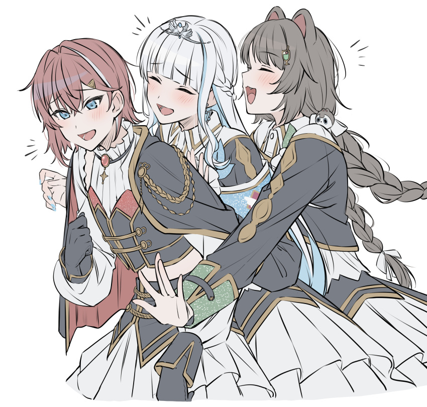 3girls, :d, ^_^, aiguillette, ange_katrina, animal_ears, animal_hair_ornament, armband