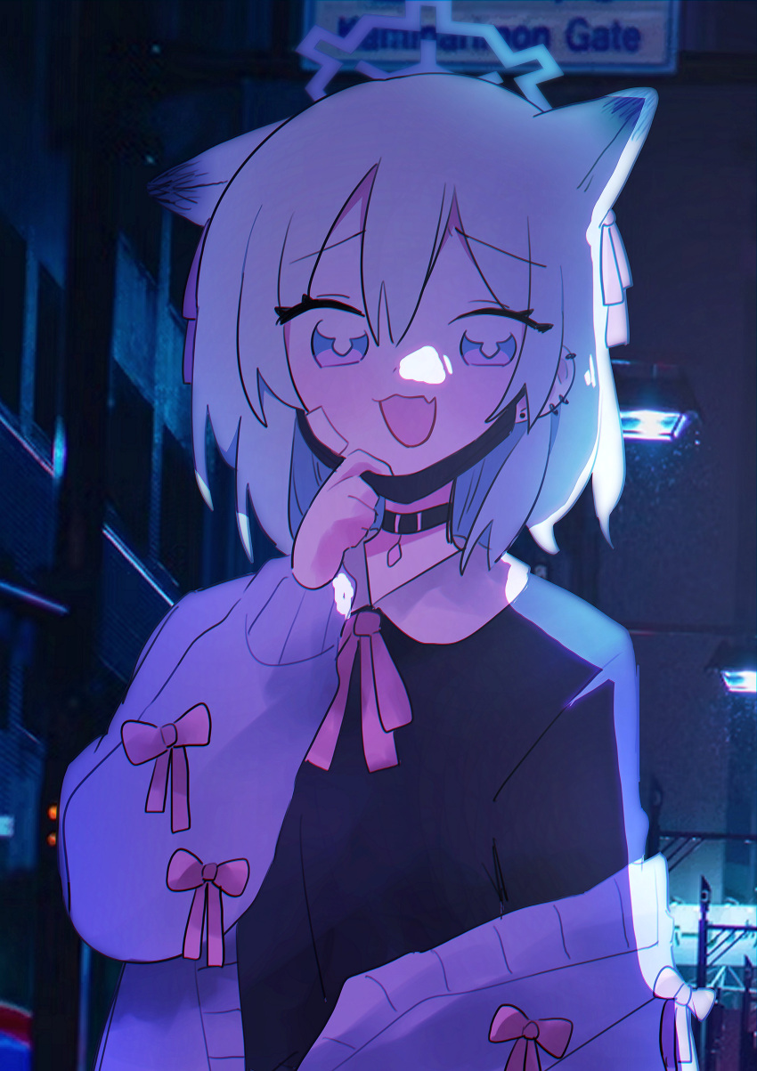 1girl, absurdres, animal_ears, bandage_on_face, bandages, black_choker, black_mask, black_shirt, blush, bow, breasts, cardigan, choker, hair_bow, halo, highres, lamppost, long_sleeves, looking_at_viewer, mask, mask_pull, mouth_mask, night, open_mouth, photo_background, shigure_(blue_archive), shirt, solo, tamago_bororo, weasel_ears