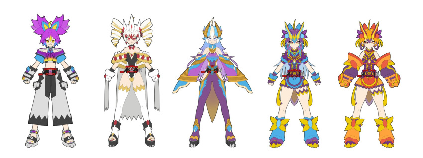 1girl, colasu486, drill_hair, genderswap, genderswap_(mtf), highres, kamen_rider, kamen_rider_gavv, kamen_rider_gavv_(caking_form), kamen_rider_gavv_(poppingummy_form), kamen_rider_gavv_(series), leotard, nail_polish, pants, purple_hair, rider-tan, sandals, simple_background, white_background