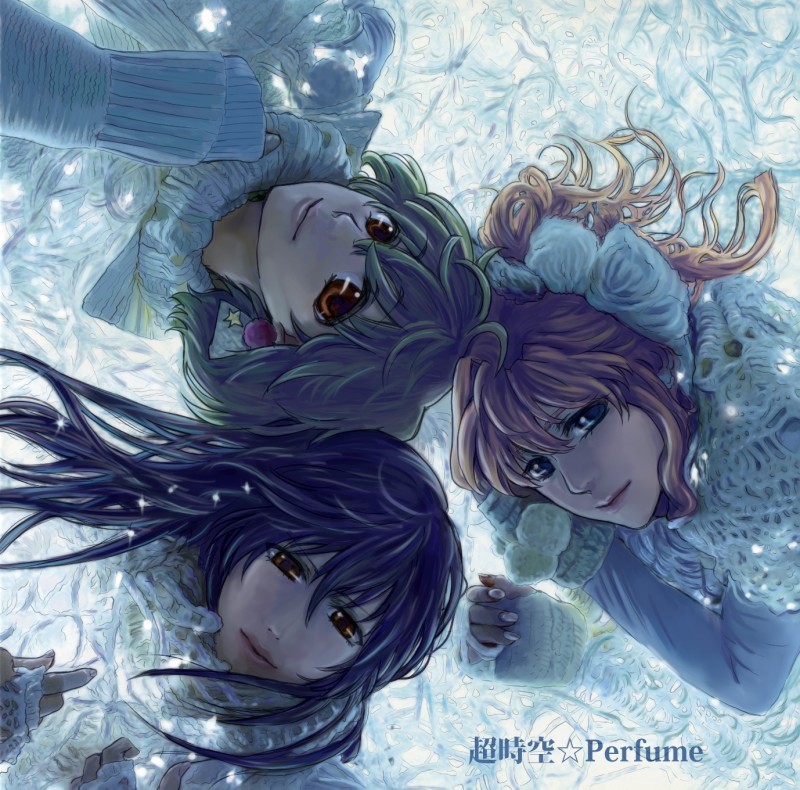 blue_hair, brown_eyes, face, green_hair, lips, long_hair, lying, macross, macross_frontier, ohana, parody, perfume, ranka_lee, saotome_alto, scarf, sheryl_nome, short_hair, smile, sweater, winter_clothes