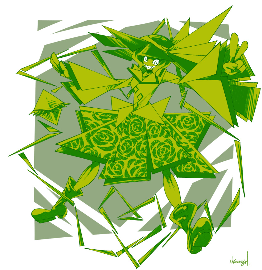 1girl, boots, bow, commentary_request, floral_print, full_body, geometry, green_theme