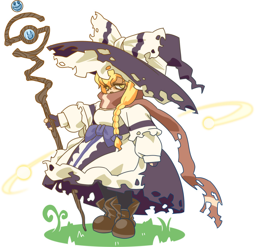1girl, apron, bags_under_eyes, black_hat, black_pantyhose, black_skirt, blonde_hair, blue_bow