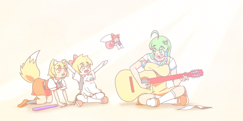 4girls, absurdres, acoustic_guitar, animal_ears, apron, black_vest, blonde_hair, bow