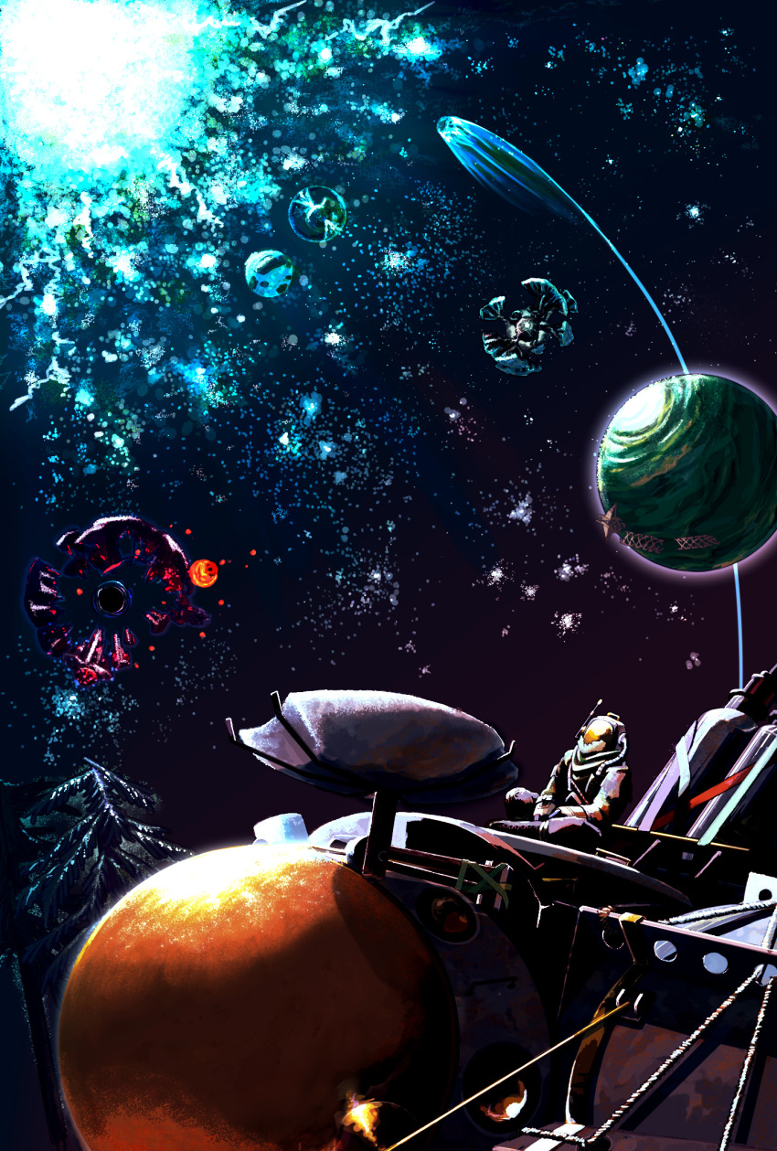 1other, comet, commentary, english_commentary, gradient_sky, hatchling_(outer_wilds), helmet, highres