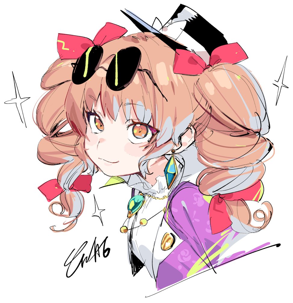 1girl, aqua_gemstone, black_hat, blush, bow, brown_hair, buttons, closed_mouth