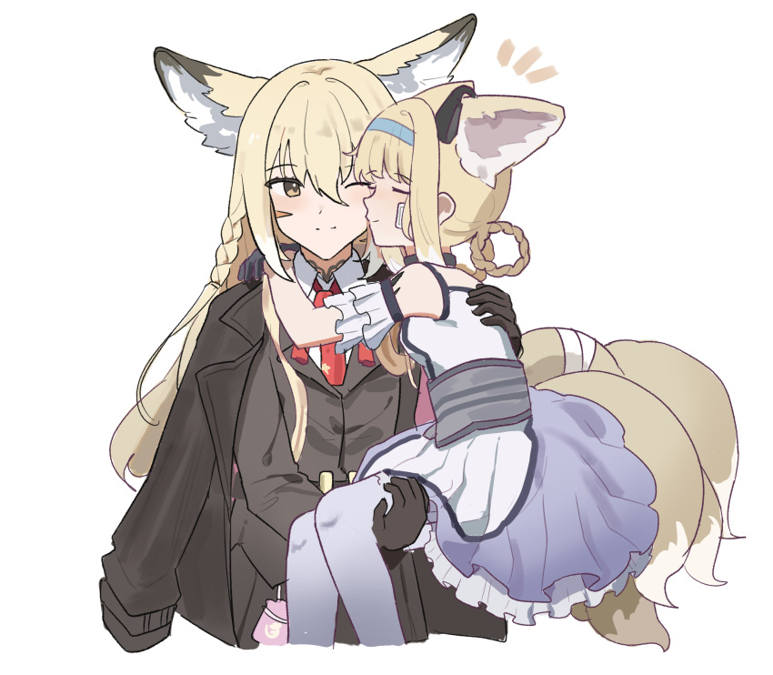 2girls, animal_ears, arknights, bandaged_tail, bandages, bare_shoulders, black_gloves, black_jacket