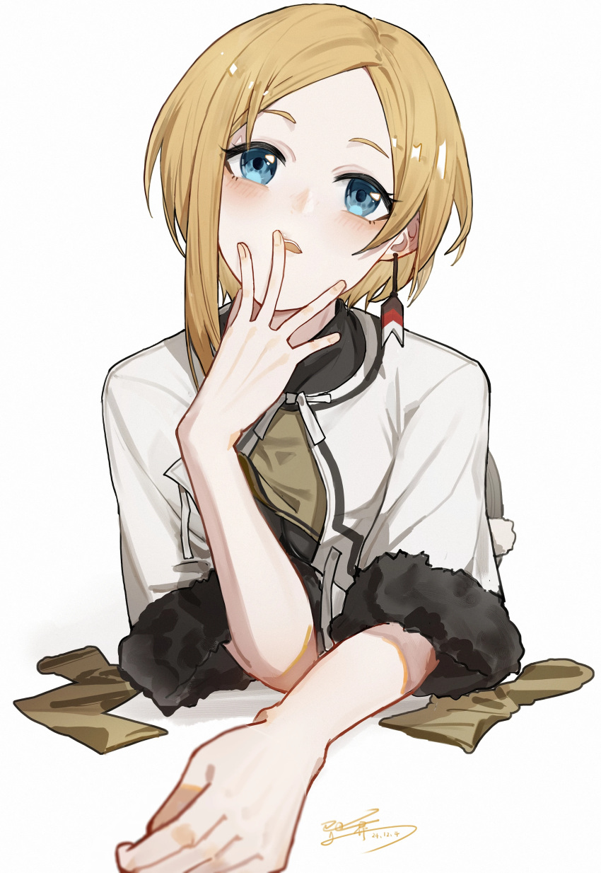 1girl, absurdres, asymmetrical_sidelocks, blue_eyes, blush, covering_own_mouth, cropped_jacket, dated, earrings, forehead, fur-trimmed_sleeves, fur_trim, hand_over_own_mouth, highres, invisible_table, jacket, jewelry, looking_at_viewer, mushoku_tensei, parted_bangs, sara_(mushoku_tensei), short_hair, short_sleeves, signature, simple_background, single_earring, solo, upper_body, white_background, white_jacket, yisjhui