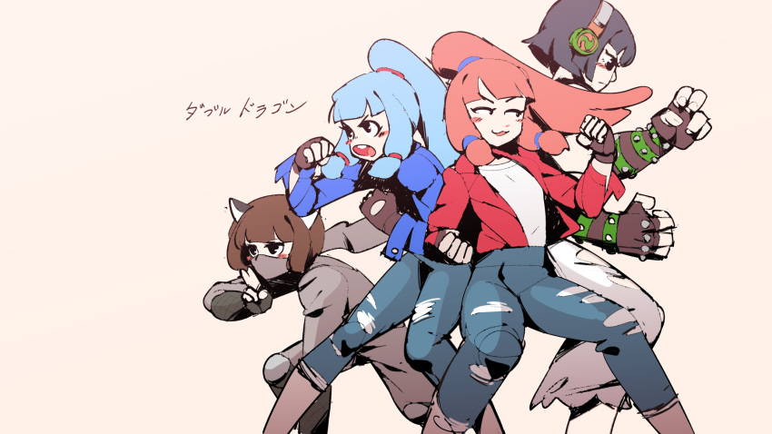 4girls, billy_lee, billy_lee_(cosplay), black_eyes, blue_hair, blue_jacket, blue_pants, blunt_bangs
