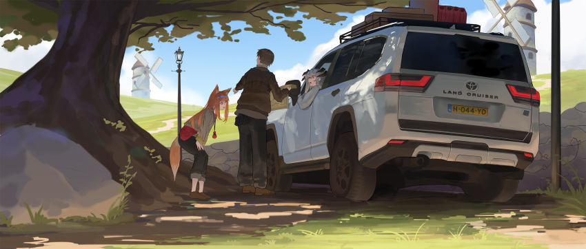 1boy, 2girls, animal_ear_fluff, animal_ears, arknights, black_horns, black_pants, brown_hair
